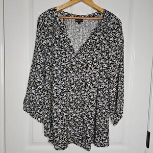 JONES NEW YORK Womens Top Plus 2X Black Floral Rayon 3/4 Sleeves Split Neck Size